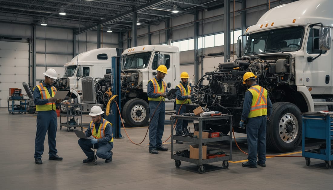 Professional truck repair technician team in Dallas service facility