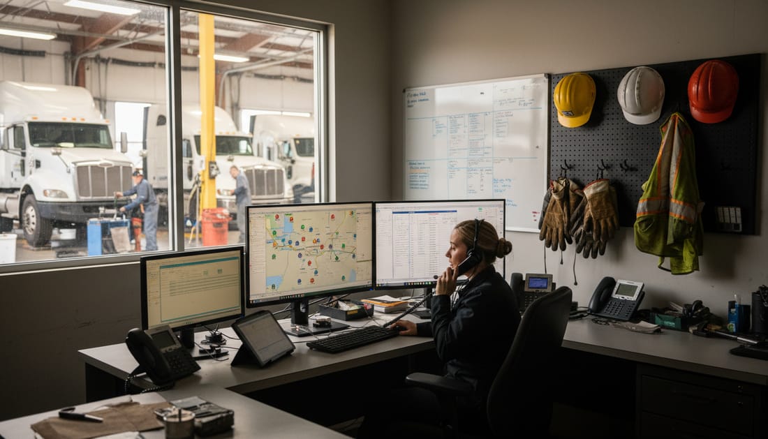 Dispatcher helping coordinate mobile truck repair service response