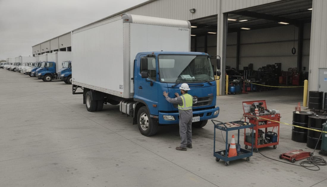 Hino medium-duty truck in commercial service yard