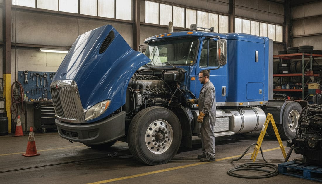 International Class 8 truck with hood open for engine service