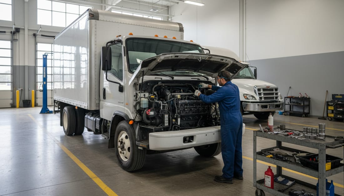 Isuzu NPR truck with hood open for engine service in facility