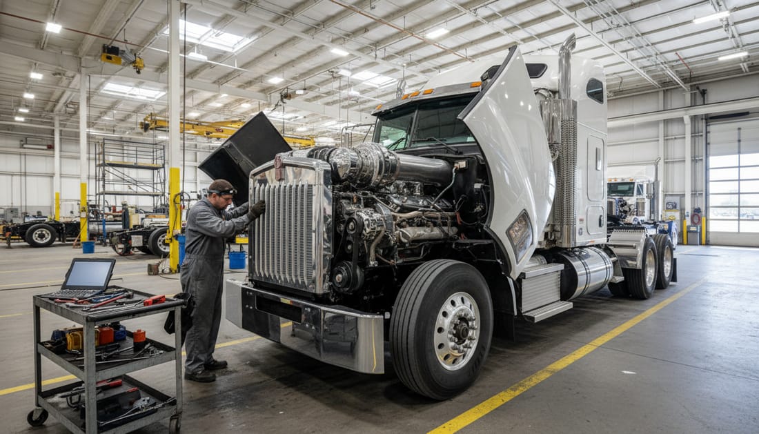 Kenworth truck with hood open displaying diesel engine components