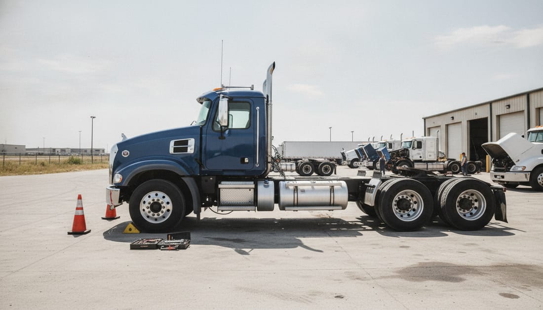 Mack Class 8 semi-truck parked in commercial service yard