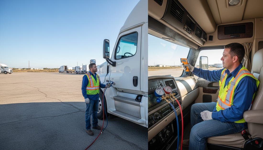 Technician repairing AC system to cool truck sleeper cab