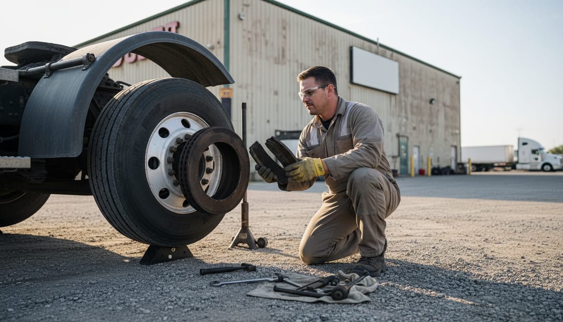 Technician inspecting truck brake system and components