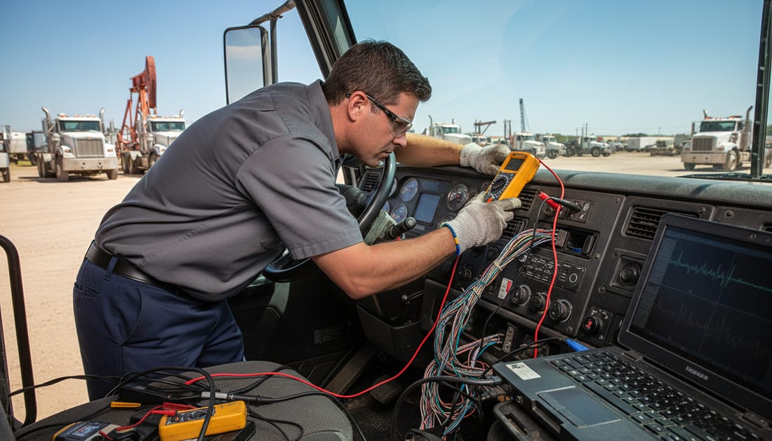 Technician diagnosing truck electrical system with testing equipment