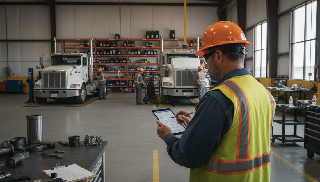 Fleet manager reviewing maintenance checklist while technicians service trucks