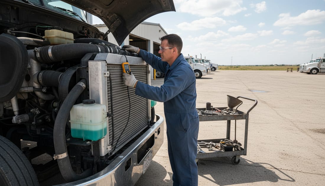 Technician examining truck cooling system and radiator for overheating issues