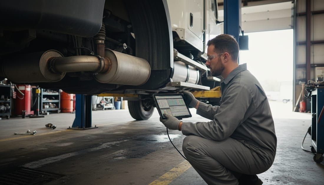 Technician diagnosing DPF regeneration problem on truck exhaust