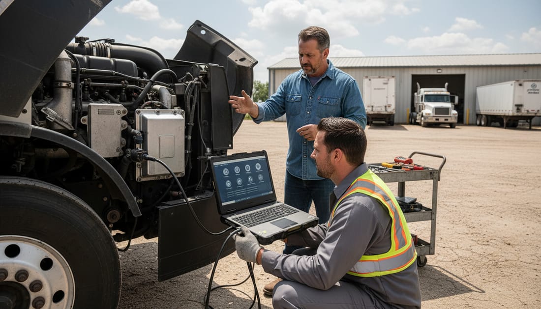 Technician diagnosing ECM engine control module failure symptoms