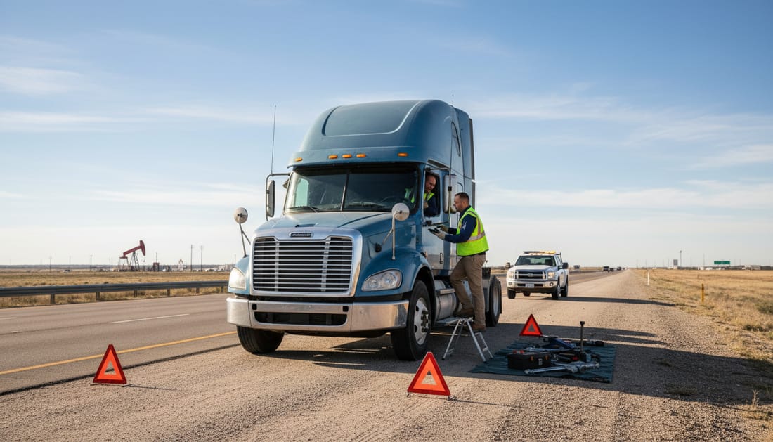 Technician assisting broken-down semi-truck on highway with emergency response