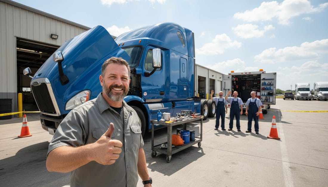 Satisfied truck driver giving positive feedback after truck repair service