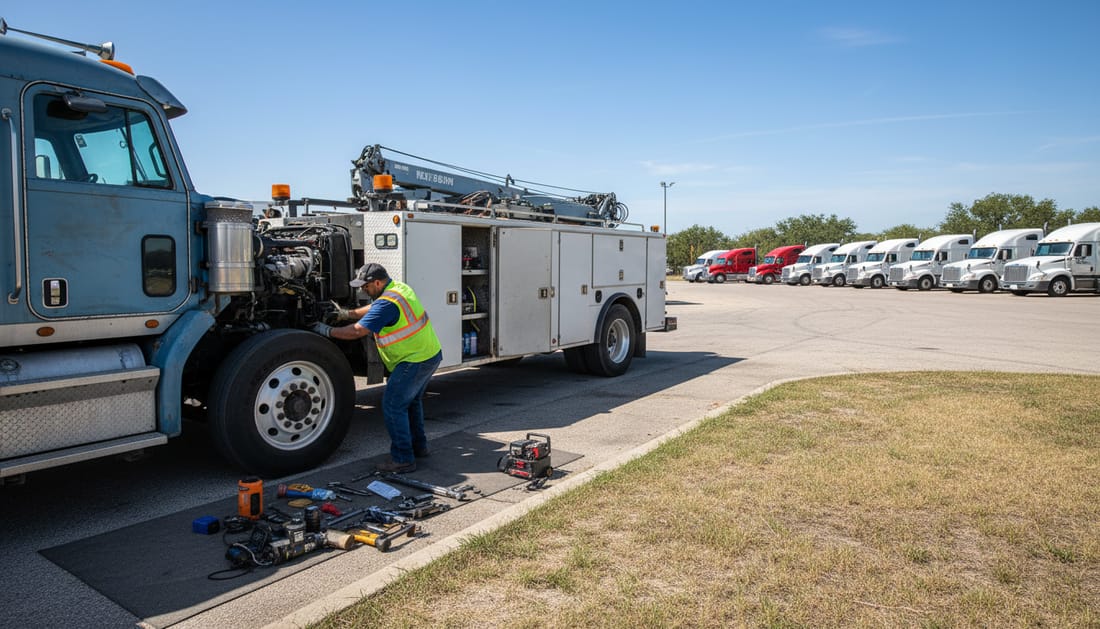 Mobile technician servicing truck at truck stop in Denton area