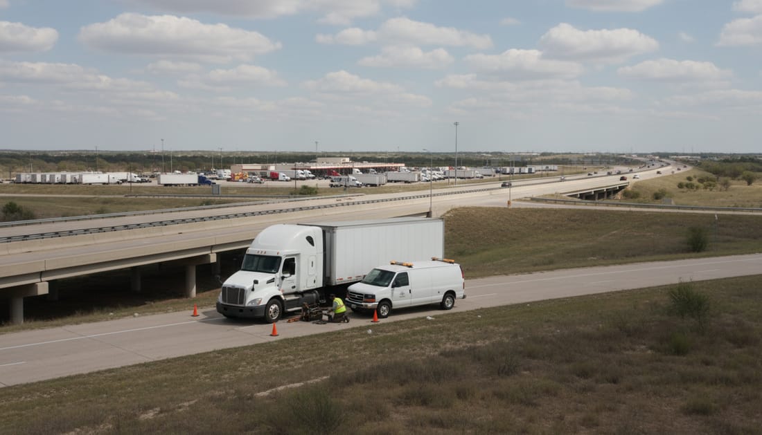 Mobile truck repair service on I-20 near Grand Prairie with service van