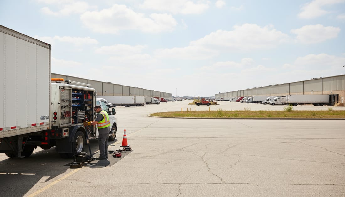 Technician servicing truck in Hutchins industrial logistics area