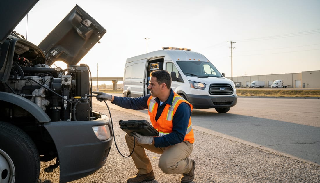 Technician with diagnostic computer servicing truck in Mesquite area