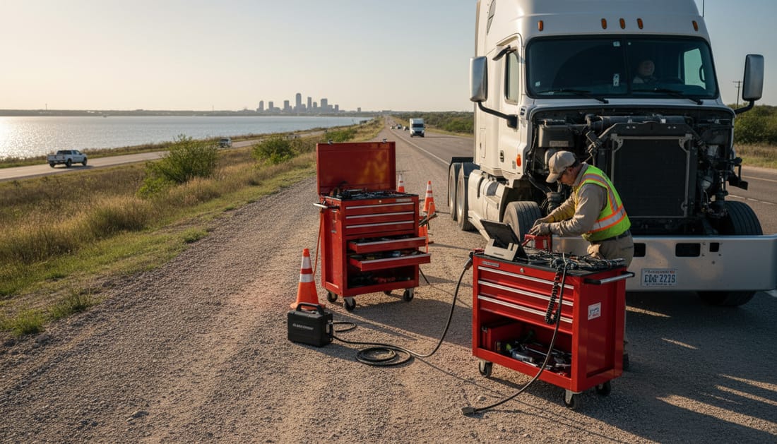 Mobile technician repairing truck in Rockwall area with lake landscape