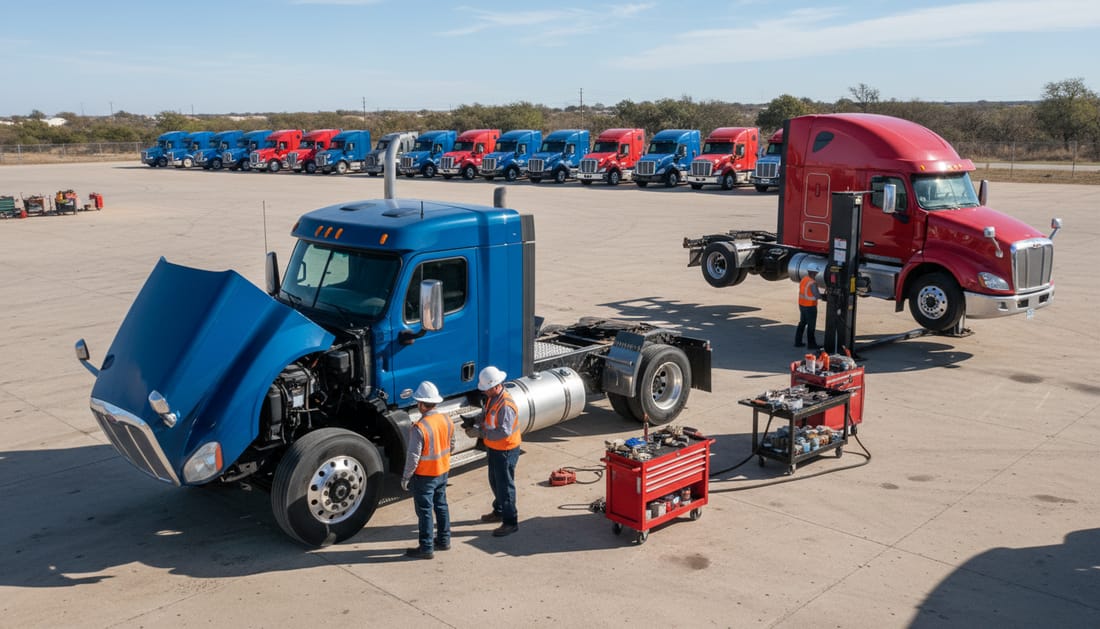 Fleet maintenance crew servicing multiple trucks in commercial yard