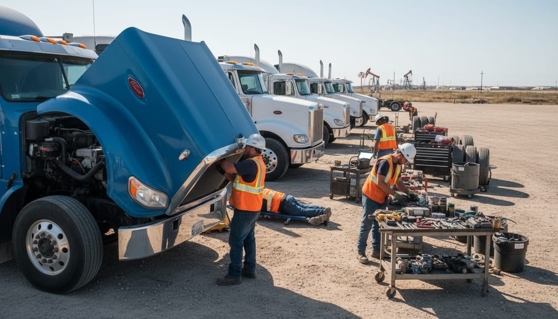 Multiple technicians working on different trucks in a mobile service area