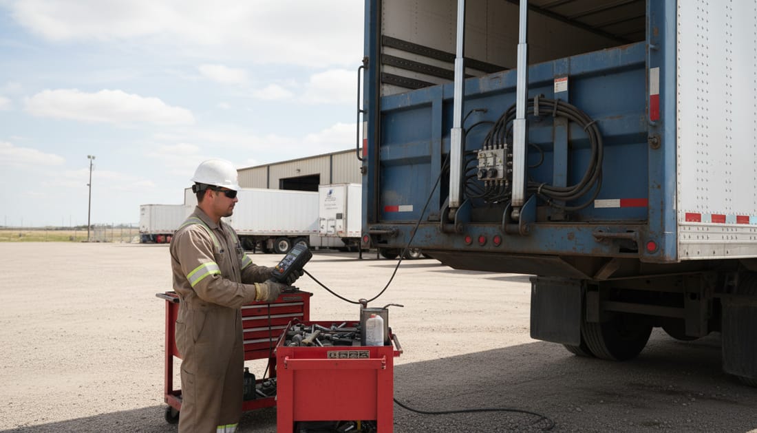 Technician repairing hydraulic liftgate on truck trailer