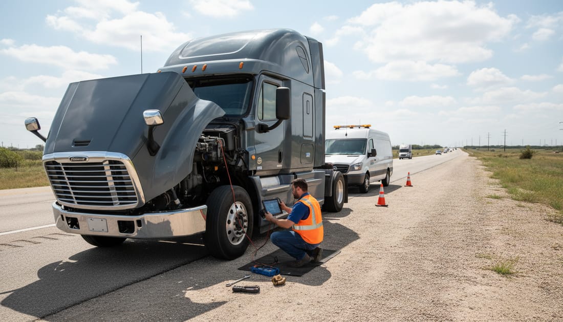 Technician with diagnostic tool at broken-down Freightliner on highway shoulder