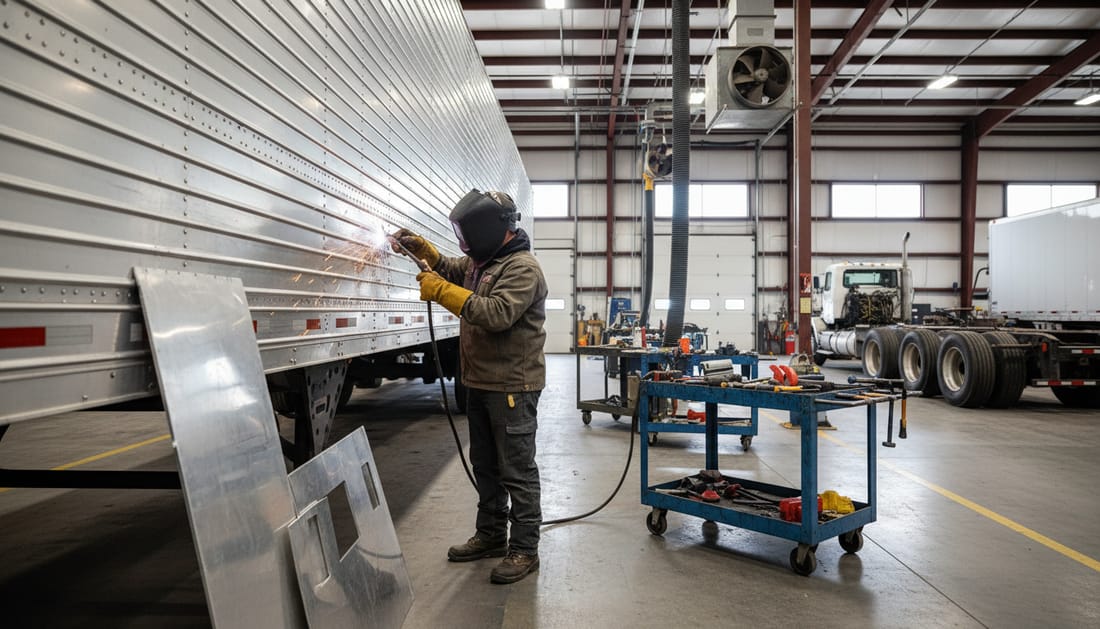 Truck body technician welding aluminum trailer siding repair