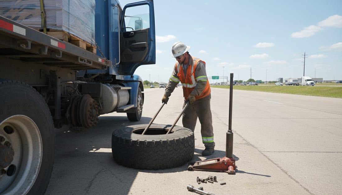 Technician changing semi-truck tire on highway roadside with equipment