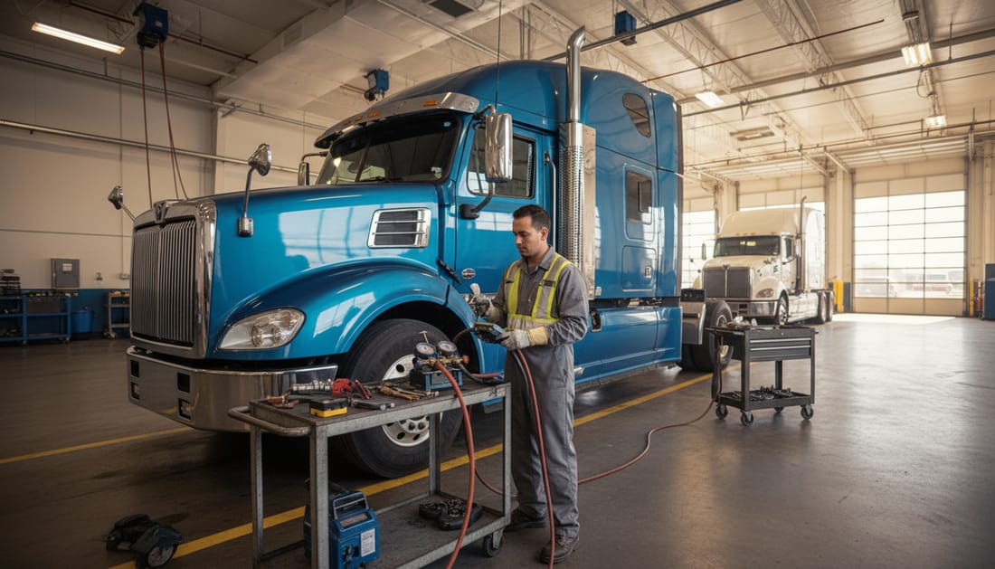 Technician servicing AC system on Western Star truck sleeper cab