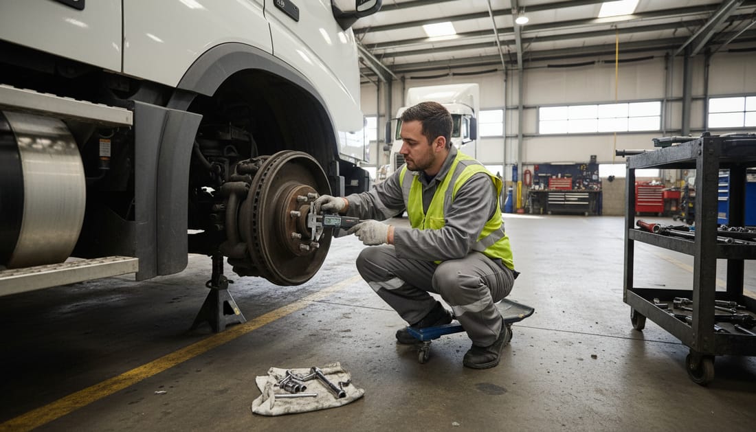 Technician checking brake components on a Volvo truck in service bay