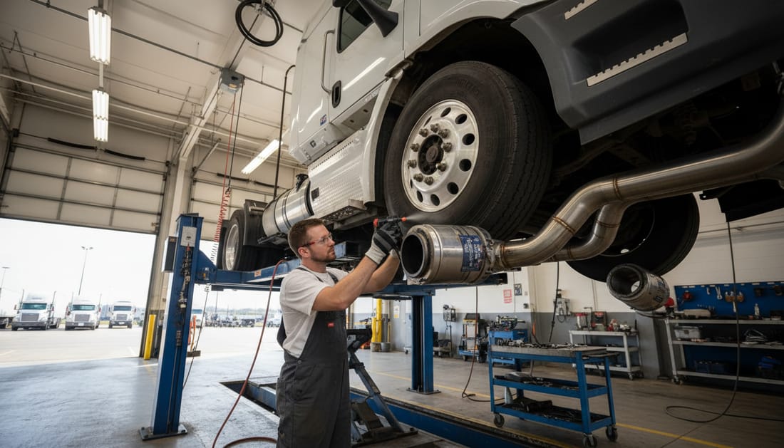 Technician working on DPF exhaust system of truck on service lift
