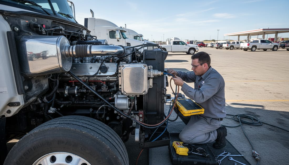 Technician connecting diagnostic computer to ECM module on Mack truck engine