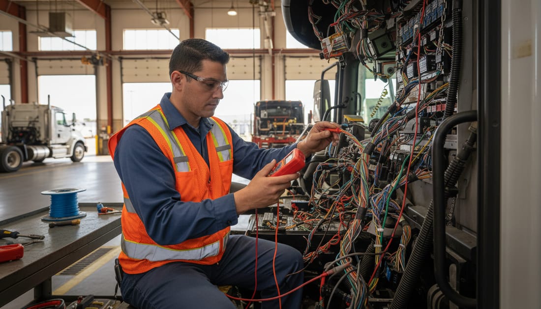 Technician testing electrical connections on International truck with multimeter