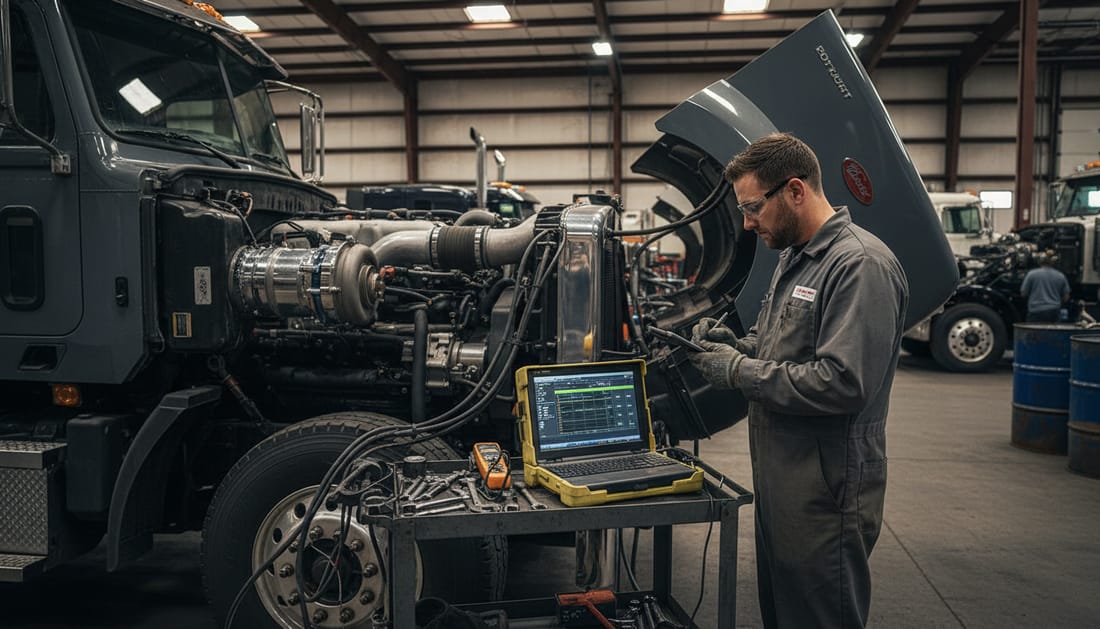Mechanic diagnosing Peterbilt diesel engine with diagnostic computer in repair facility