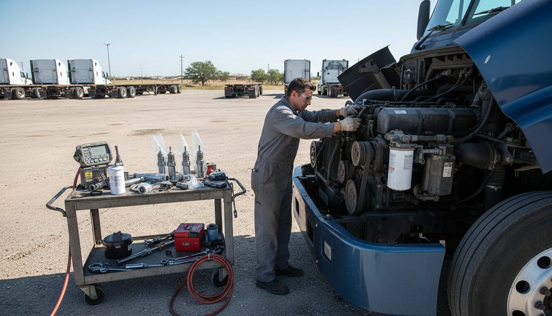 Technician servicing fuel system components on Freightliner truck