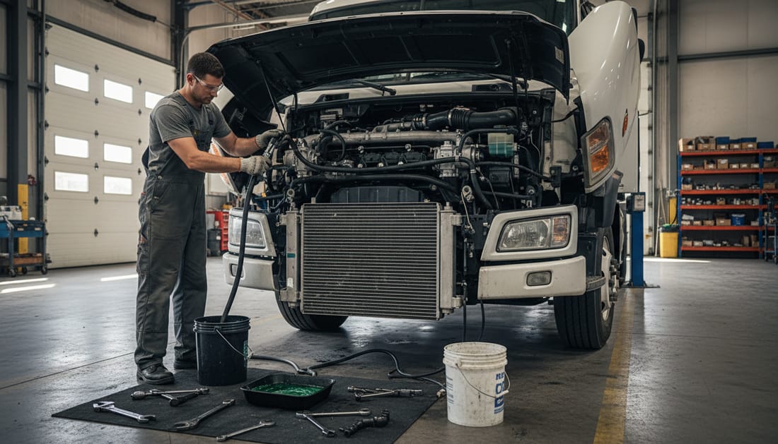 Mechanic replacing coolant hoses on Hino truck radiator system