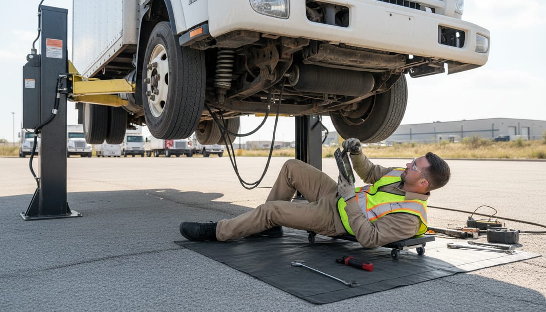 Technician inspecting suspension components under lifted Isuzu truck