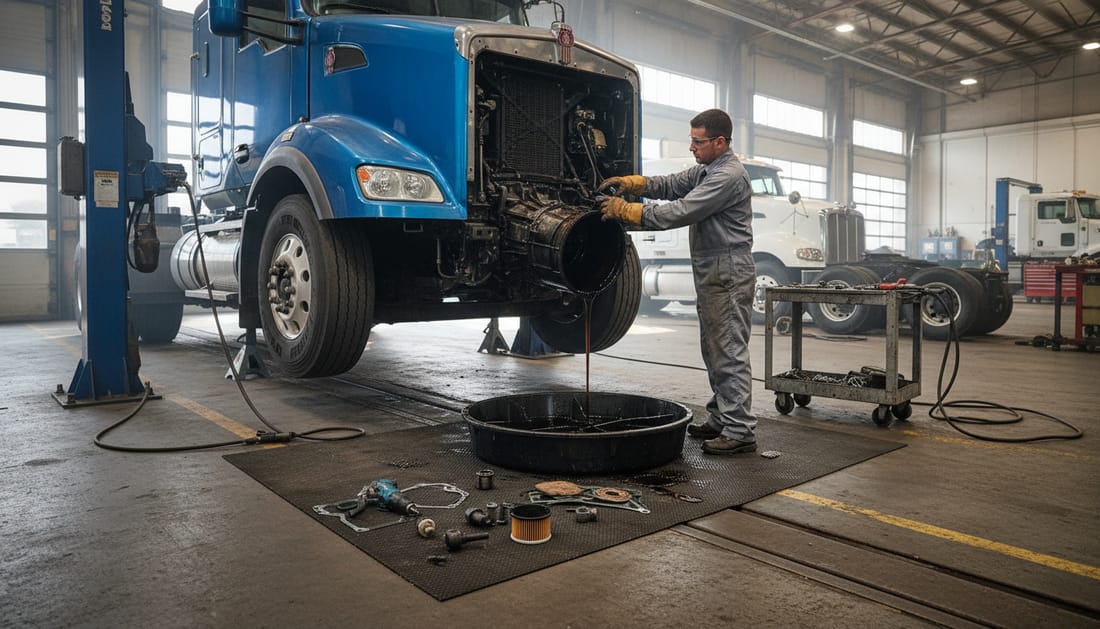 Technician servicing transmission under lifted Kenworth truck